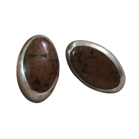 Other Jewelry - 925 Mexican Silver Mahogany Obsidian Gemstone Oval Post Earrings